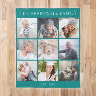 Personlig 9 Foto Collage Familj Tealblå Fleecefilt
