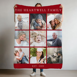 Personlig 9 Photo Collage Family Cranberry Red Fleecefilt