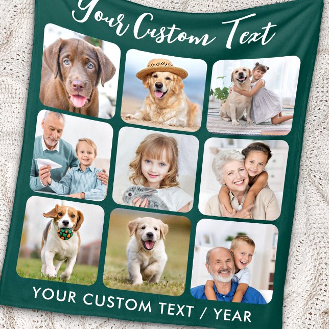 Personlig 9 Photo Collage Trendig Emerald Grönt Fleecefilt (Skapare uppladdad)