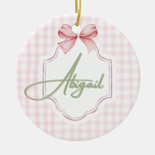 Personlig Abigail Flicka Nursery Bow&Gingham Julgransprydnad Keramik (Framsidan)