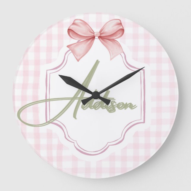 Personlig Addison Flicka Nursery Bow&Gingham Stor Klocka (Framsida)
