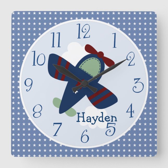 Personlig Adsible Aircraft Nursery Clock Fyrkantig Klocka (Framsida)