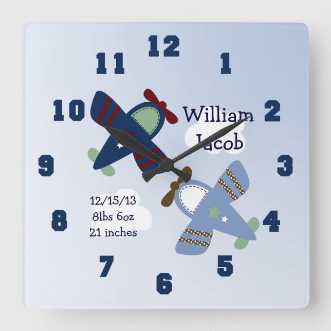 Personlig Adsible Aircraft Nursery Clock Fyrkantig Klocka (Framsida)