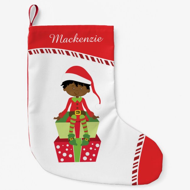 Personlig African American Boy Elf Liten Julstrumpa (Framsidan)