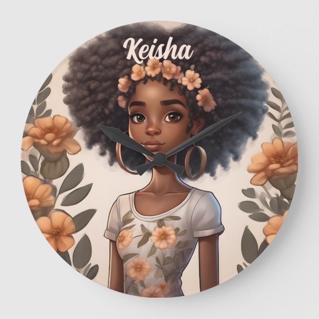 Personlig African American Girl Clock Stor Klocka (Framsida)