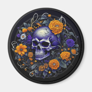 Personlig AI-konst med dödskalle och orangea blomm Magnet