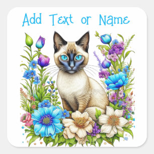 Personlig Ai Watercolor Siamese Cat in Flowers Fyrkantigt Klistermärke