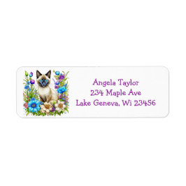 Personlig Ai Watercolor Siamese Cat in Flowers Returadress Etikett