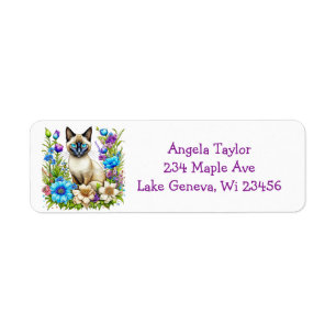 Personlig Ai Watercolor Siamese Cat in Flowers Returadress Etikett