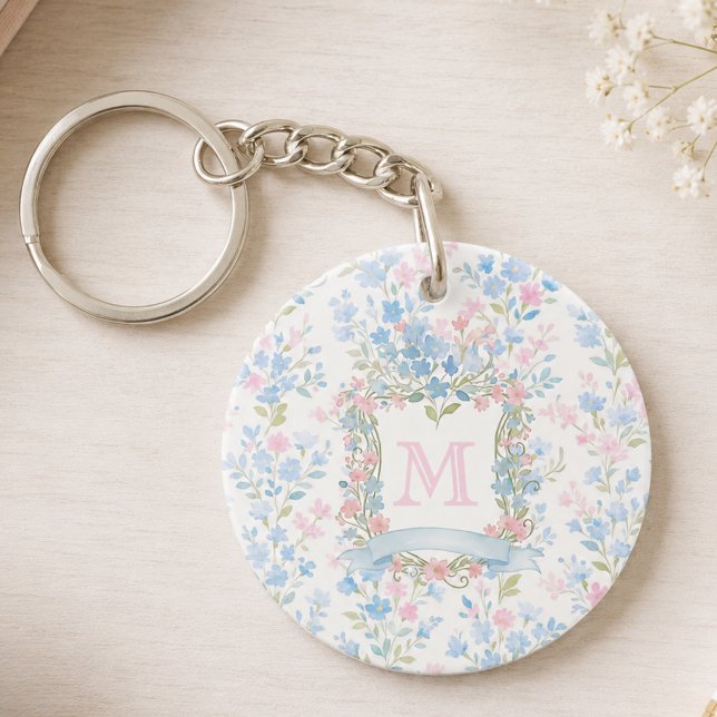 Personlig Akrylnyckelring med Blommönster och Mono (elegant feminine grandmillennial floral keychain with custom family crest monogram)