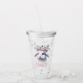 Personlig Akryltumbler - Rosa Blommigt Bunny Take Away Mugg