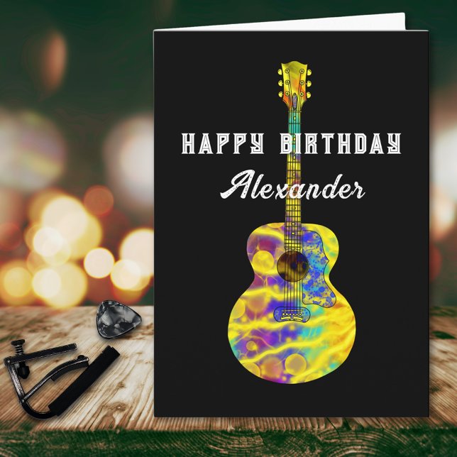 Personlig akustisk gitarr för gratulationer på föd kort (Funky psychedelic acoustic guitar art personalized happy birthday greetings card guitarist musician)