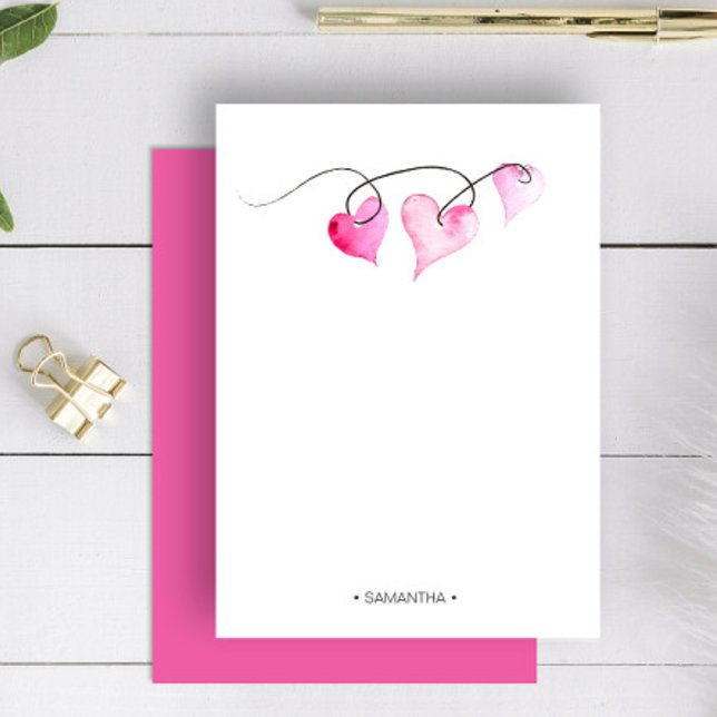 Personlig akvarell Alla hjärtans dags pappersvaror Anteckningskort (Personalized valentine's stationery features watercolor pink hearts by Victoria Grigaliunas )