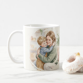 Personlig akvarell av mamma som kramar sonen kaffemugg