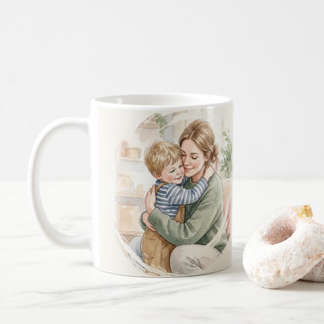 Personlig akvarell av mamma som kramar sonen kaffemugg (Med munk)