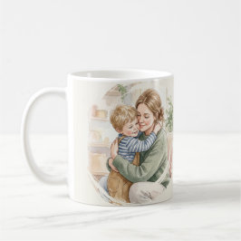 Personlig akvarell av mamma som kramar sonen kaffemugg