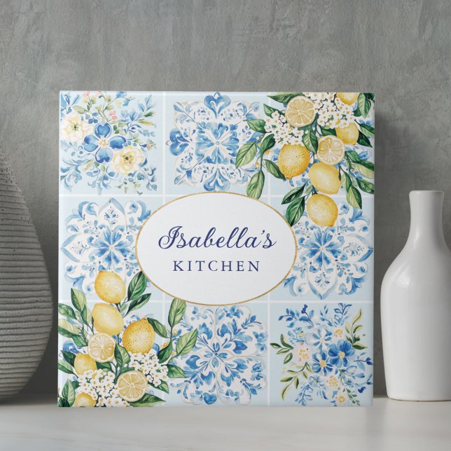 Personlig Akvarell Blå Italiensk Citronblomma Kakelplatta (In situ)