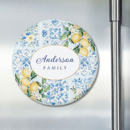 Personlig akvarell blå italiensk kakel citron magnet