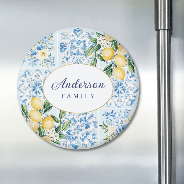 Personlig akvarell blå italiensk kakel citron magnet (In situ)
