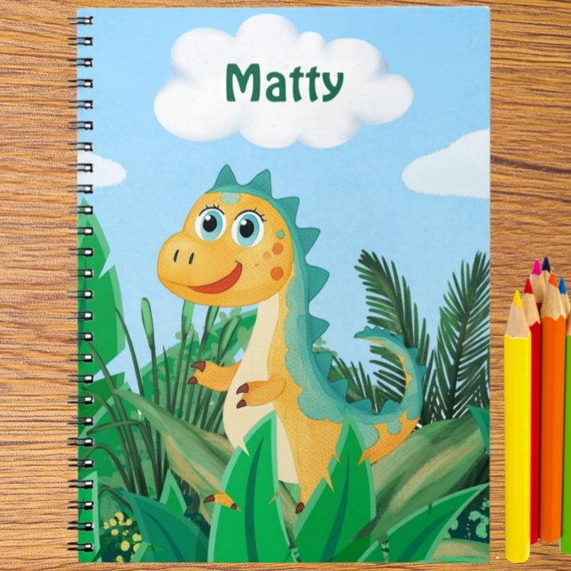 Personlig akvarell dinosaurie pojkar skola  anteckningsbok (Cute dinosaur notebook, kids personalized journal, dino boys back to school notebook)