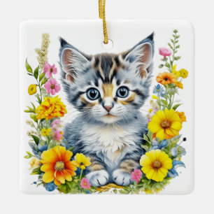 Personlig akvarell kattunge blommor jul julgransprydnad keramik