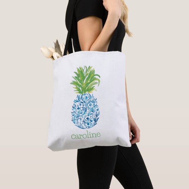 Personlig Akvarell Pineapple Chinoiserie Tygkasse (Närbild)