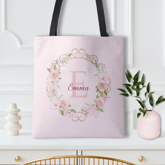 Personlig akvarell rosa ros blommor tygkasse (In situ)