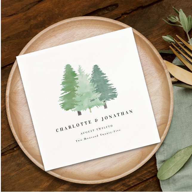 Personlig akvarell Skogsbröllop Pappersservett (Personalized elegant modern watercolor Woodland Wedding napkins )