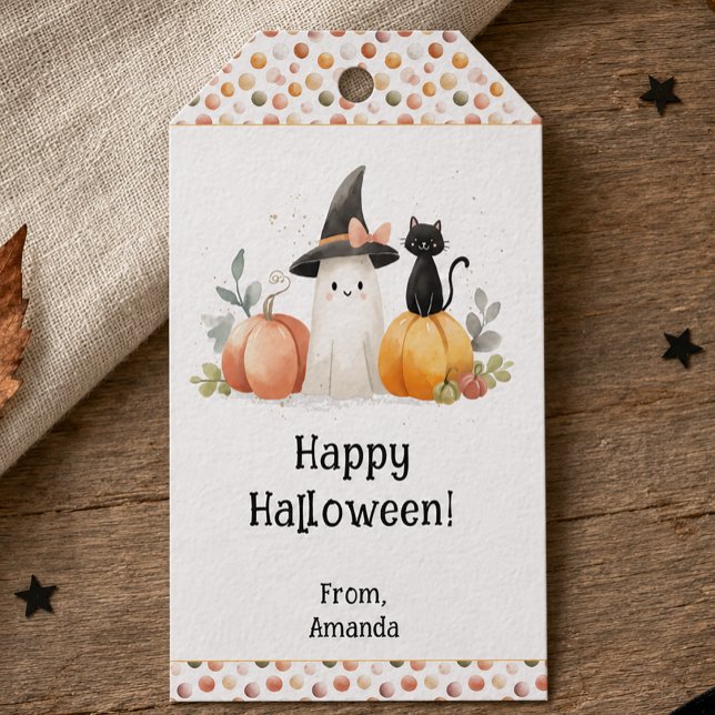 Personlig akvarell spök svart katt Halloween Presentetikett (Personalized Watercolor Ghost Black Cat Halloween Gift Tags)