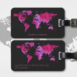 Personlig akvarell världskarta Hot Pink Svart Bagagebricka