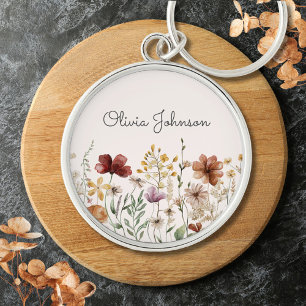 Personlig Akvarell Vildblomma Vacker Blomma Rund Silverfärgad Nyckelring