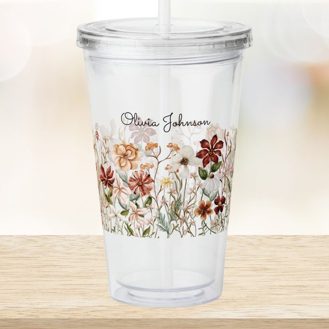 Personlig akvarell Vintage Vildblomma Blomma Take Away Mugg (In situ)