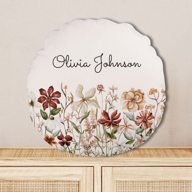 Personlig akvarell vintage vildblomma blommig rund kudde (In situ)