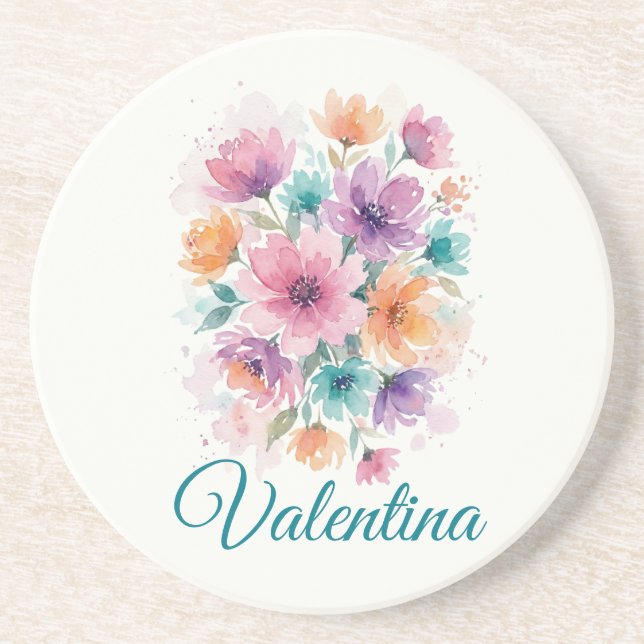 Personlig akvarellblomma Namn Coaster Underlägg (Framsidan)