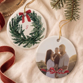 Personlig akvarellkrans julfoto julgransprydnad keramik