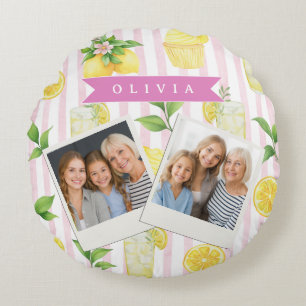 Personlig akvarelllemonadcupcake-randig rund kudde