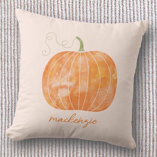 Personlig akvarellpumpa höst kudde (Watercolor pumpkin personalized custom script name autumn fall decor cozy throw pillow)