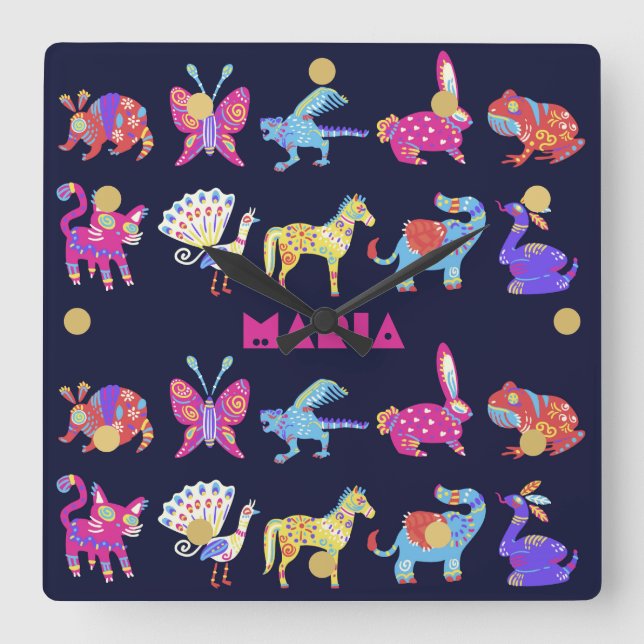 Personlig Alebrije Mexican Animals Folk Art Fyrkantig Klocka (Framsida)