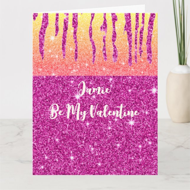Personlig Alla Hjärtans Dag Hot Pink Glitter Två T Kort (Framsida)