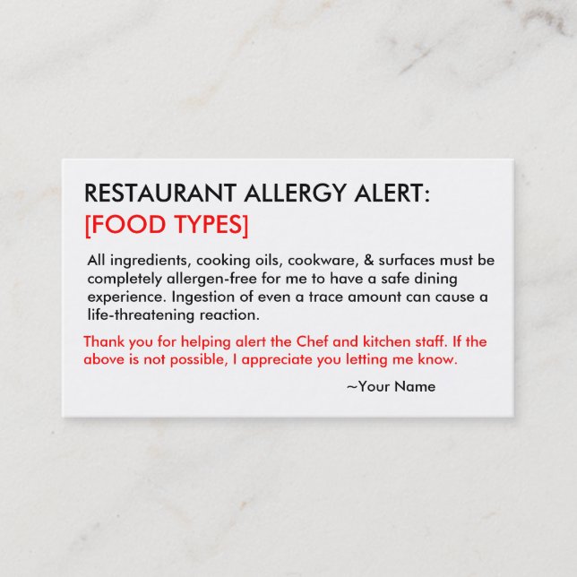 Personlig Allergy Restaurang & ICE Card Visitkort (Framsida)