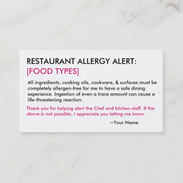 Personlig Allergy Restaurang & ICE Card Visitkort (Framsida)