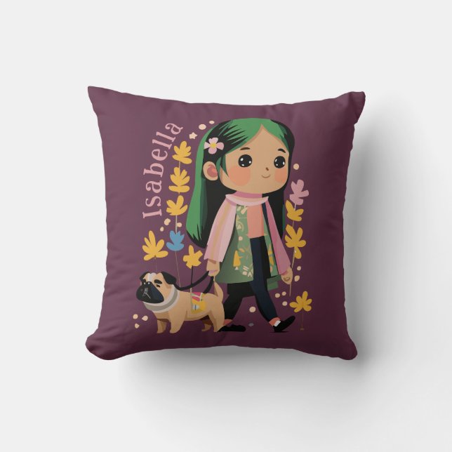 Personlig, älskling som går med Pug Kudde (Framsida)