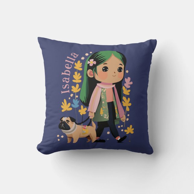 Personlig, älskling som går med Pug Kudde (Framsida)