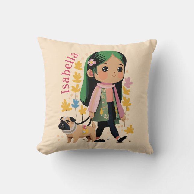 Personlig, älskling som går med Pug Kudde (Framsida)