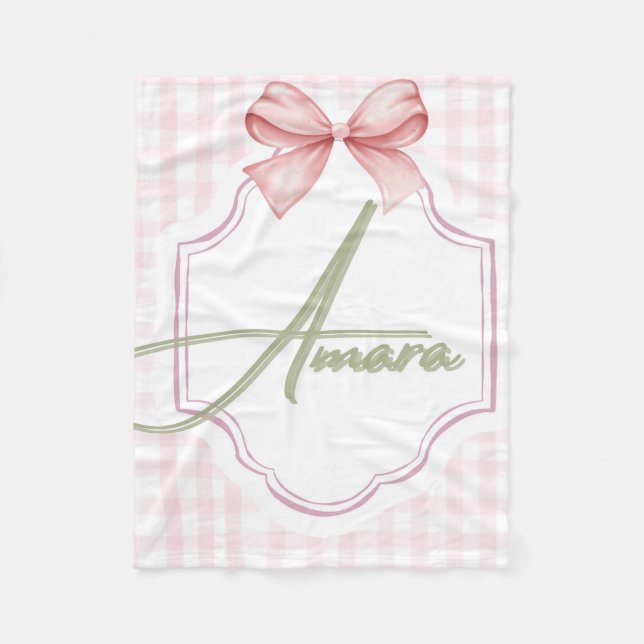 Personlig Amara Flicka Nursery Bow&Gingham Fleecefilt (Framsidan)