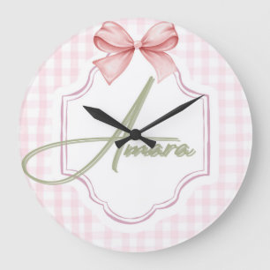 Personlig Amara Flicka Nursery Bow&Gingham Stor Klocka
