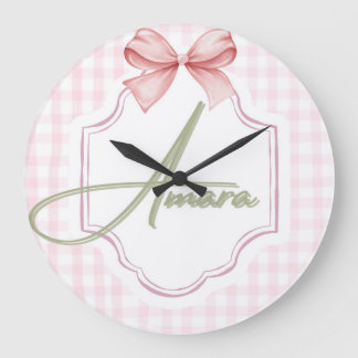 Personlig Amara Flicka Nursery Bow&Gingham Stor Klocka