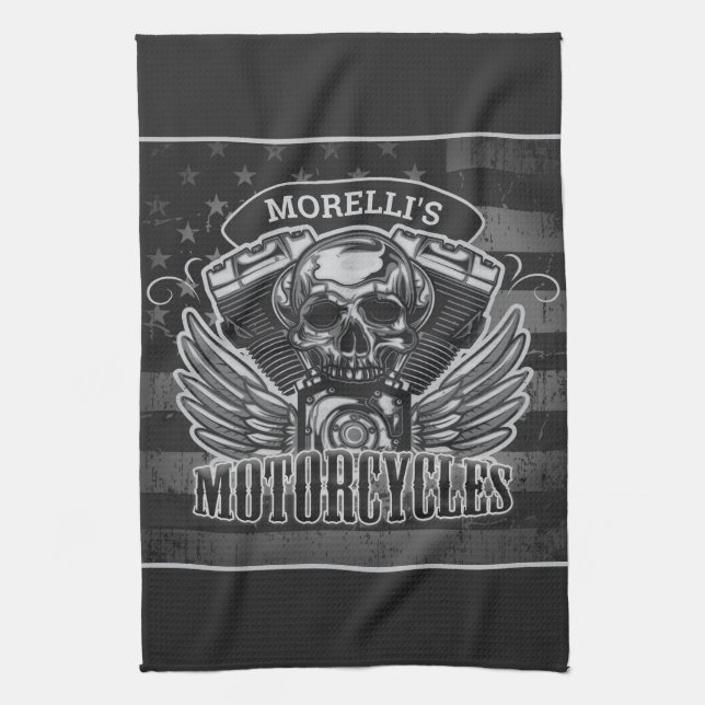 Personlig American Flagga Biker Skull-motorcykel Kökshandduk (Vertikal)