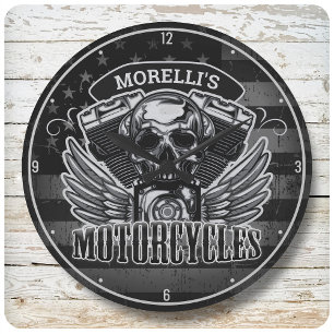 Personlig American Flagga Biker Skull-motorcykel Stor Klocka
