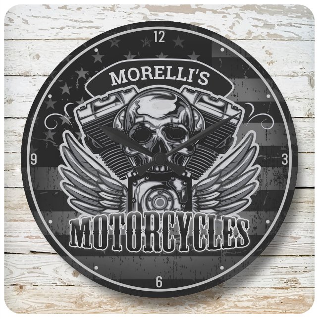 Personlig American Flagga Biker Skull-motorcykel Stor Klocka (Skapare uppladdad)